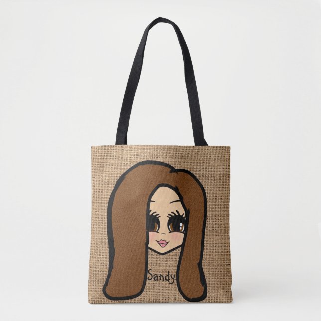 Bolsa Tote Caricatura Personalizada Cabelo castanho Impressão (Frente)