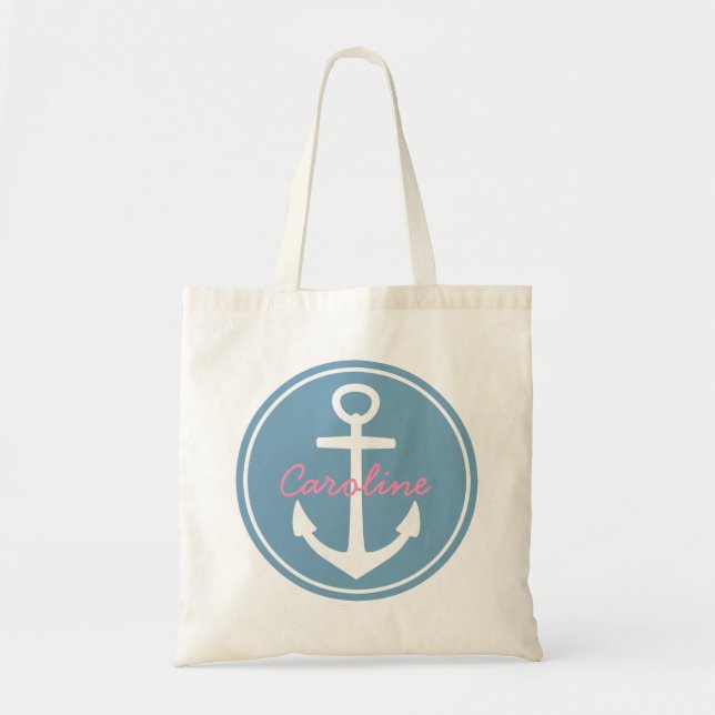 Bolsa Tote Carolina Blue e White Anchor com Feliz Rosa (Frente)