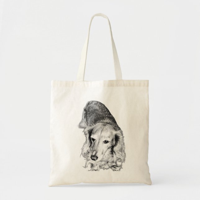 Bolsa Tote Carried in Stillness – Long-Haired Dachshund (Frente)