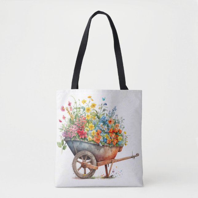 Bolsa Tote Carrinho de Mão Cheio de Flores Frescas (Frente)