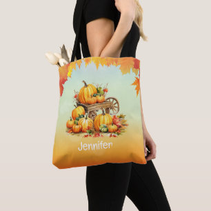 Bolsa Tote Carrinho de Pumpkins Queda Borda de Folha Laranja