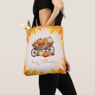 Bolsa Tote Carrinho de Pumpkins Queda Borda de Folha Laranja
