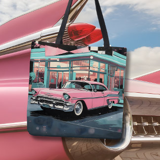 Bolsa Tote Carro Rosa dos Anos 50 Retrô Lanchonete de Meados