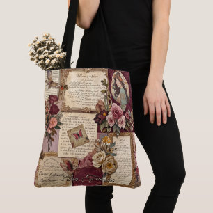 Bolsa Tote Carta de Amor Floral Vintage Romântica Burgundy