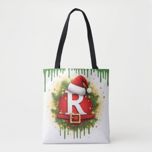 Bolsa Tote Carta de Natal R com Chapéu de Papai Noel Presente (Frente)