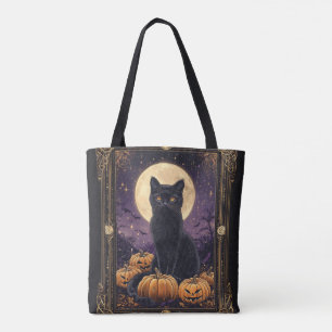 Bolsa Tote Cartão tarô temido do Halloween com gato preto