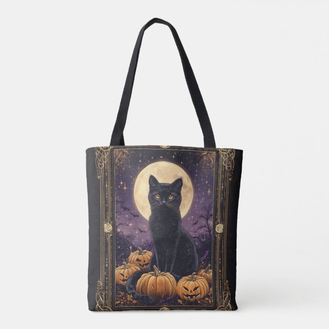 Bolsa Tote Cartão tarô temido do Halloween com gato preto (Verso)