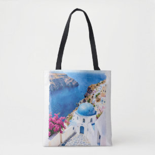 Bolsa Tote Cartaz de Aquarela da Cúpula Azul de Santorini