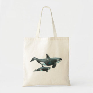 Bolsa Tote Cartaz de Baleia Orca em Aquarela Mãe e Bebê