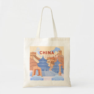 Bolsa Tote Cartaz de Viagem de Pequim China Azul Pastel e P