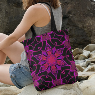 Bolsa Tote Cartografia Mandala Flor Rosa e Negro