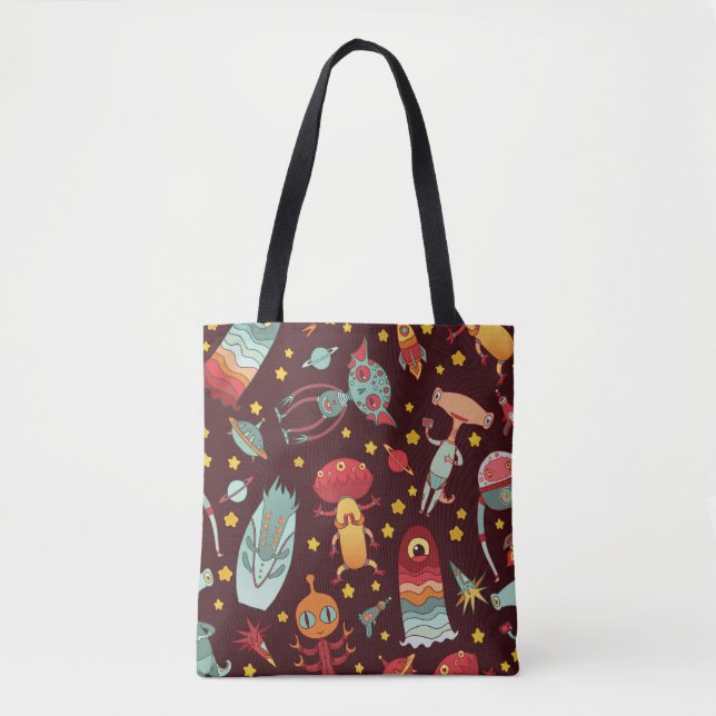 Bolsa Tote Cartoon de alienígena: Divertimento no Espaço Vint (Frente)