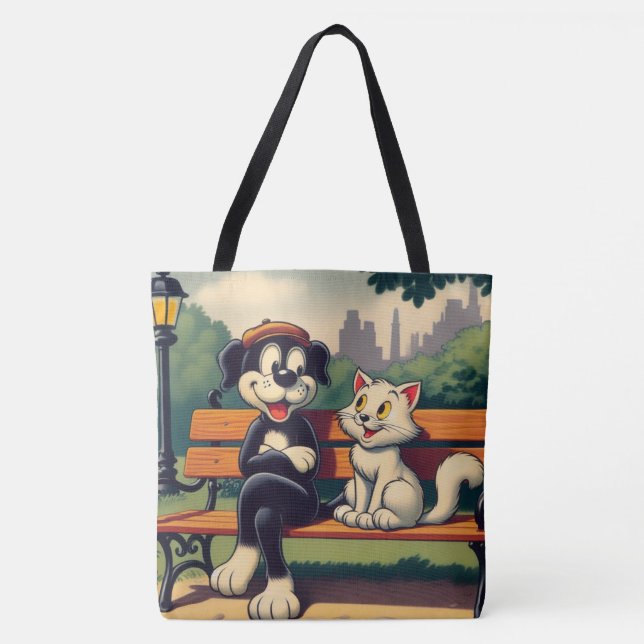 Bolsa Tote Cartoon de gato/cão, bonito, vintado (Frente)
