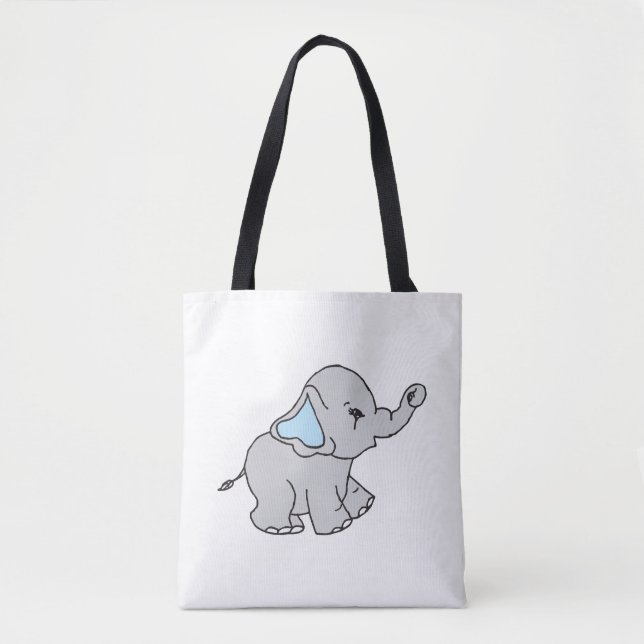 Bolsa Tote Cartoon Elefante de Padrão Desenhado à Mão Azul (Frente)