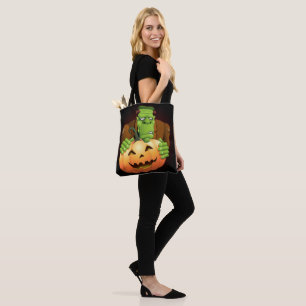Bolsa Tote Cartoon Frankenstein Monster com Pumpkin