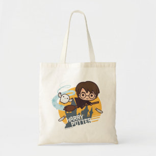 Bolsa Tote Cartoon Harry e Hedwig voando no passado Hogwarts