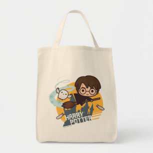 Bolsa Tote Cartoon Harry e Hedwig voando no passado Hogwarts