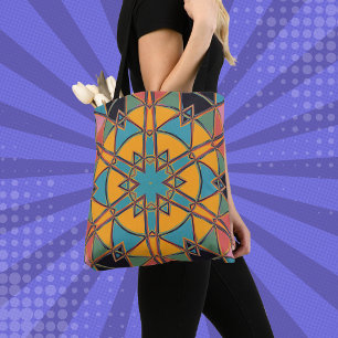 Bolsa Tote Cartoon Mandala Amarelo Azul e Laranja