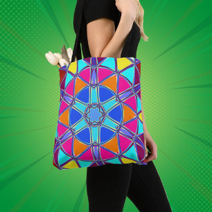 Bolsa Tote Cartoon Mandala Azul Cor-de-rosa Amarelo e Laranja