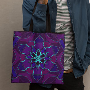 Bolsa Tote Cartoon Mandala Flor Azul e Púrpura