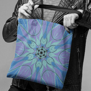 Bolsa Tote Cartoon Mandala Flor Azul e Púrpura