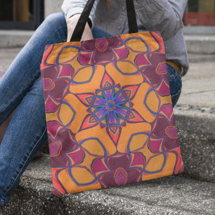 Bolsa Tote Cartoon Mandala Flor Laranja Roxo e Azul