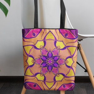 Bolsa Tote Cartoon Mandala Flor Rosa Púrpura e Laranja
