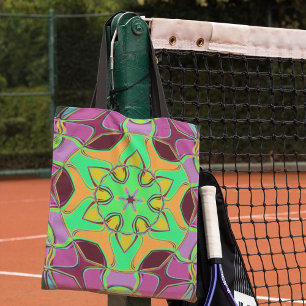 Bolsa Tote Cartoon Mandala Flor Verde Laranja e Roxo