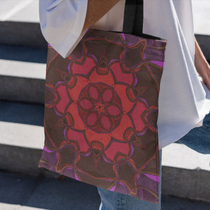 Bolsa Tote Cartoon Mandala Flor Vermelho Rosa e Púrpura