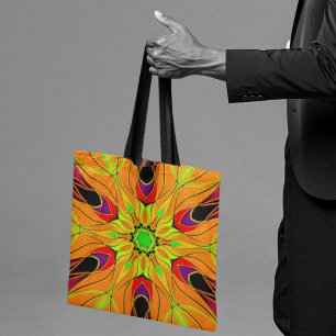 Bolsa Tote Cartoon Mandala Flower Orange Green and Red
