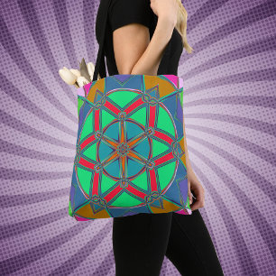 Bolsa Tote Cartoon Mandala Verde Vermelho e Azul