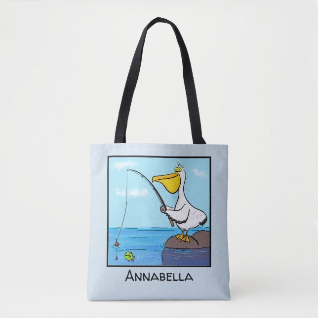 Bolsa Tote Cartoon pelicano de pesca engraçado (Frente)