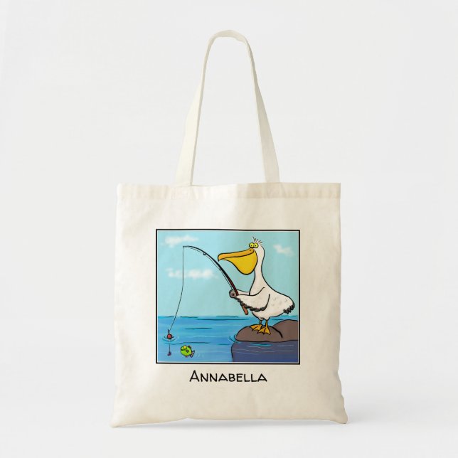 Bolsa Tote Cartoon pelicano de pesca engraçado (Frente)