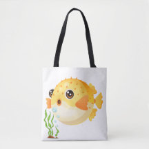 Cartoon Pufferfish com algas marinhas