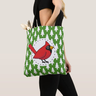 Bolsa Tote Cartoon Red Cardinal sobre Pinheiros Brancos Verde