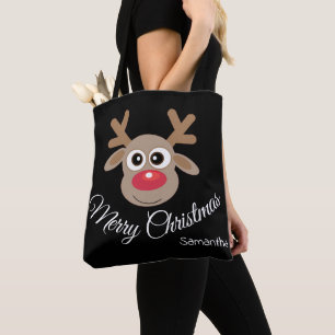 Bolsa Tote Cartoon Reindeer Preto de Brincadeira de Natal