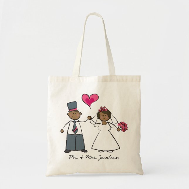 Bolsa Tote Cartoon Wedding Casal Bride & Groom Fuchsia Heart (Frente)