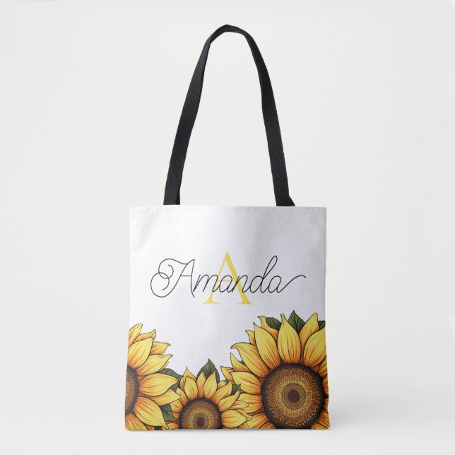 Bolsa Tote Cartoon Yellow Personalizado Monograma Nome Girass (Frente)