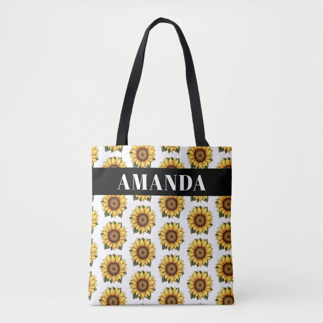 Bolsa Tote Cartoonish Yellow Custom Name Sunflower Patterno (Frente)