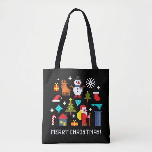 Bolsa Tote Cartoons de pixel Feliz de Natal (Frente)