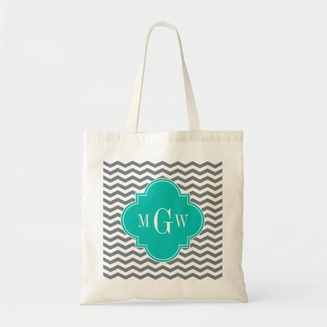 Bolsa Tote Carvões Thin Chevron Teal Quatrefoil 3 Monograma (Frente)