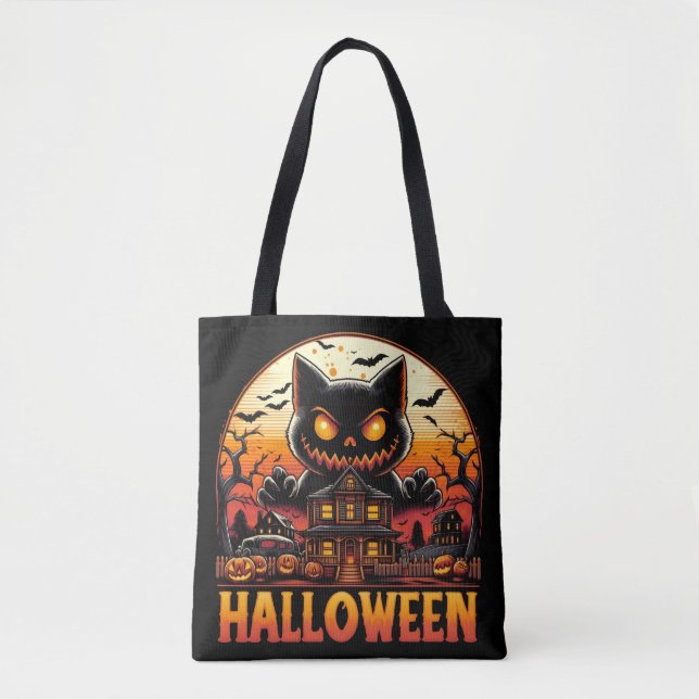 Bolsa Tote Casa Assombrada Gato Monstro Assustador Halloween (Frente)