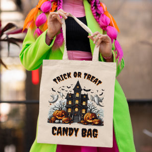 Bolsa Tote Casa assombrada Halloween com abóboras
