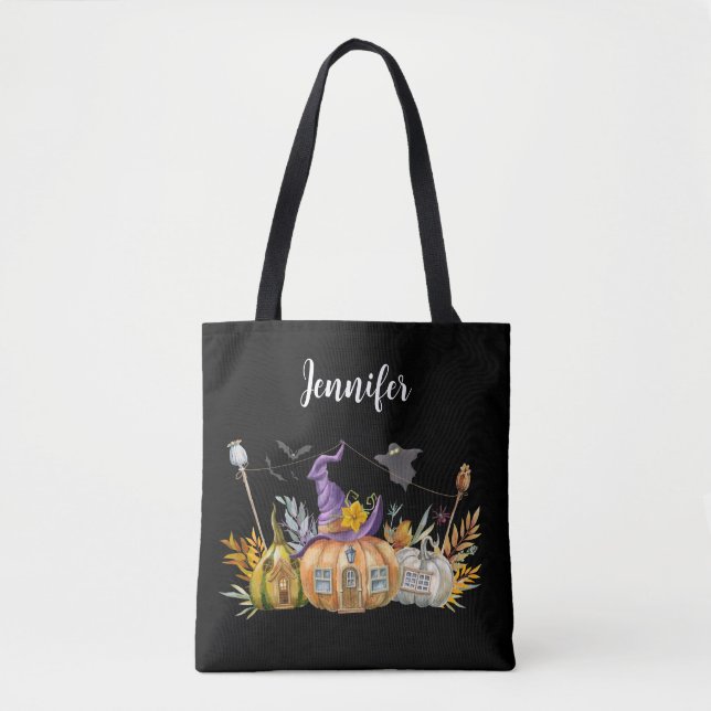 Bolsa Tote Casa de Abóbora Assombrada com Fantasma e Morcegos (Frente)