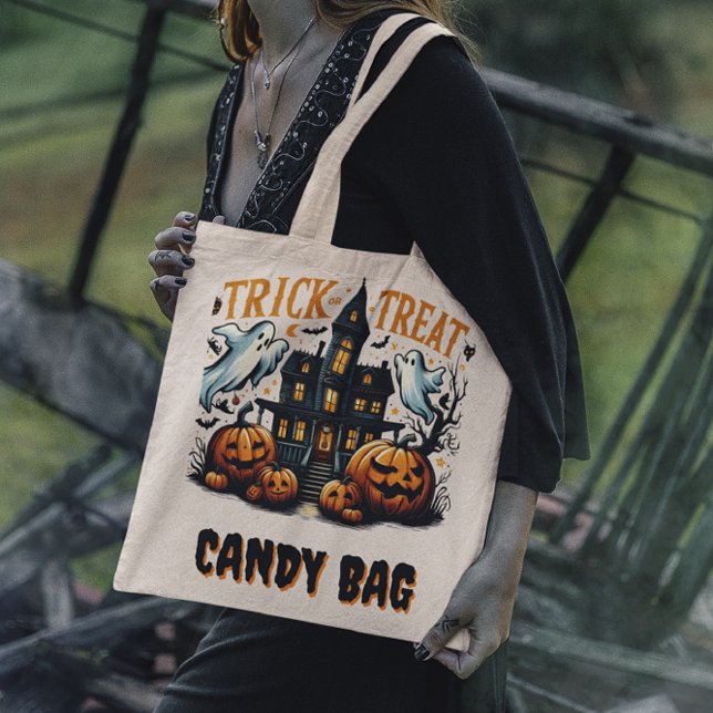 Bolsa Tote Casa de Dia das Bruxas Spooky com abóboras ao anoi (Criador carregado)