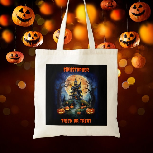 Bolsa Tote Casa de Halloween Assombrada com Nome de Pumpkins (Criador carregado)