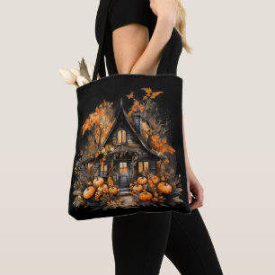 Bolsa Tote Casa de Halloween com Pumpkins e Folhagem