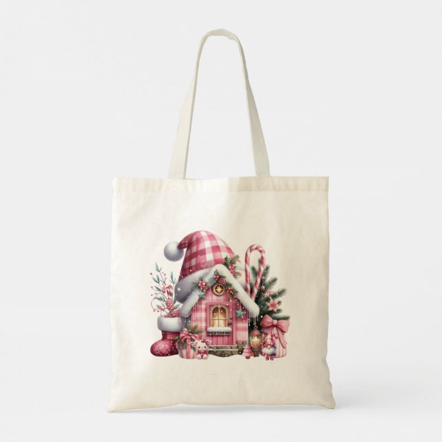 Bolsa Tote Casa de Natal de Xadrez rosa (Verso)