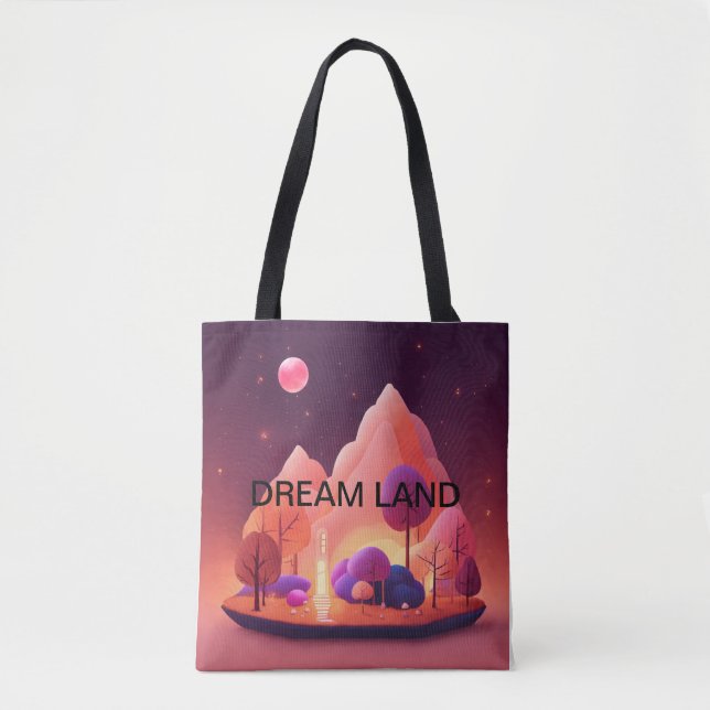 Bolsa Tote Casa de sonho debaixo de uma lua rosa. (Frente)