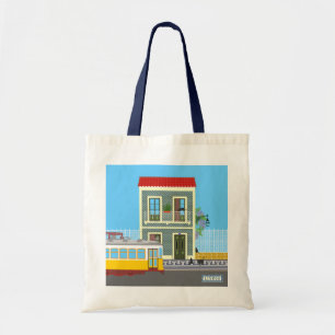 Bolsa Tote Casa velha de Lisboa com gatos e elétrico amarelo